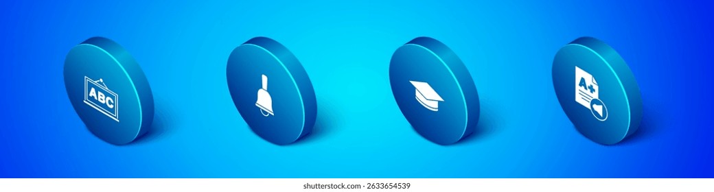 Set Isometric Chalkboard, Graduation cap, Exam sheet with A plus grade and Ringing bell icon. Vector