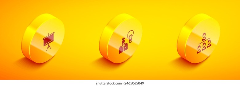 Set Isometric Chalkboard, Human with lamp bulb and Hierarchy organogram chart icon. Vector