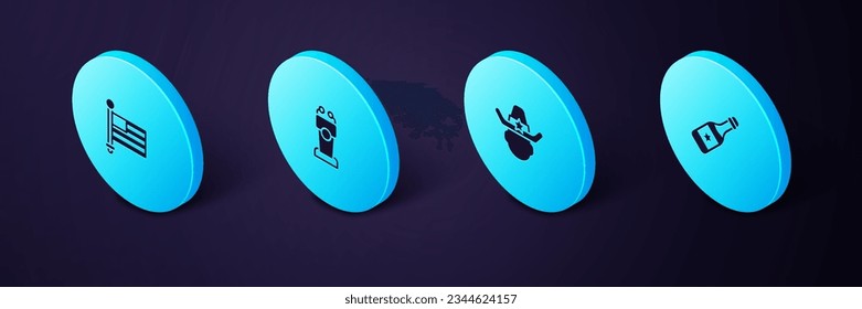 Set Isometric Champagne bottle, Sheriff cowboy, Stage stand or tribune and American flag icon. Vector