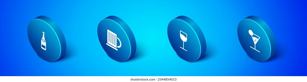 Set Isometric Champagne bottle, Wine glass, Martini and Wooden beer mug icon. Vector