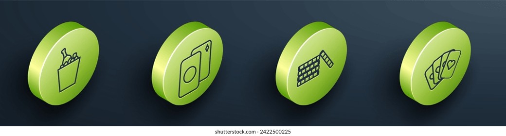 Set Isometric Champagne in an ice bucket, Deck of playing cards, Casino chips and Deck of playing cards icon. Vector