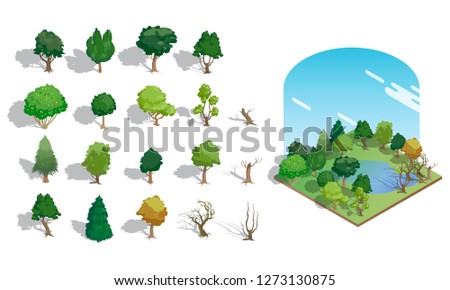 Set of Isometric character green  tree bushes garden decoration , vector illustraion.