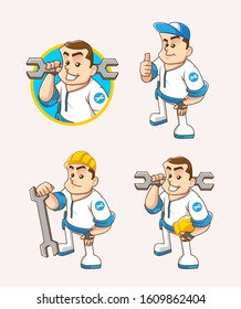 set isometric character of professional mechanic full and half body carrying tool and helmet vector illustration. use for workshop mascot, logo, avatar and other. 