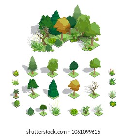 Set of Isometric character tree bushes garden decoration , vector illustraion.