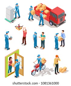 Set of isometric characters of workers performing professional delivery of parcels, goods from stores. Relocation service, operator of drones and satisfied customers vector illustration