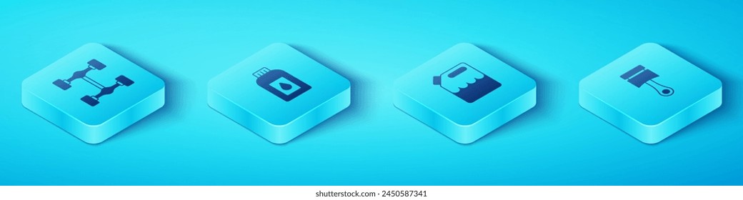 Set Isometric Chassis car, Canister for motor machine oil, Engine piston and gasoline icon. Vector