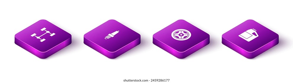 Set Isometric Chassis car, Car spark plug, wheel and Canister for motor oil icon. Vector