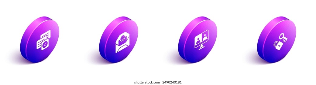 Set Isometric Chat messages on laptop, Envelope with Valentine heart, Video chat conference and Lock key icon. Vector