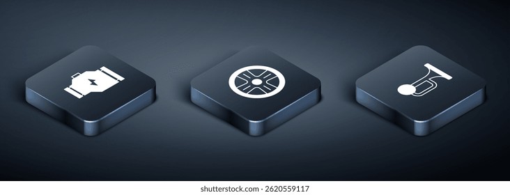 Definir motor de verificação isométrica, chifre de sinal no veículo e ícone de roda de liga. Vetor