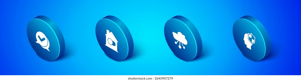 Set Isometric Check mark in speech bubble, Internet of things, Head with shield and Smart home icon. Vector