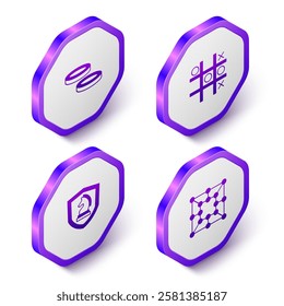 Set Isometric Checker game chips, Tic tac toe, Chess and Board icon. Purple hexagon button. Vector