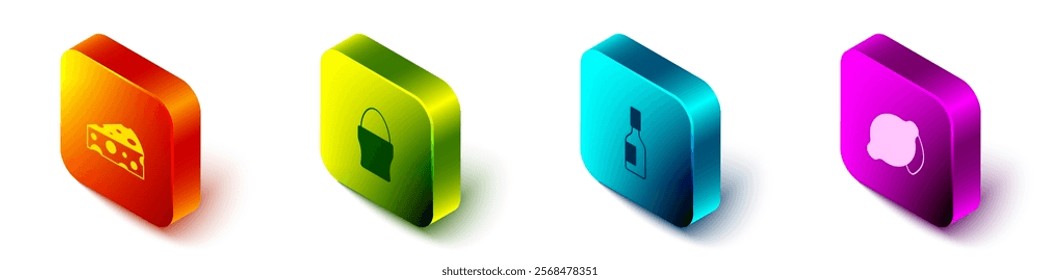 Set Isometric Cheese, Chicken egg on stand, Tabasco sauce and Lemon icon. Vector