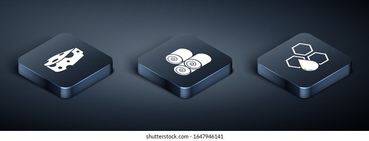 Set Isometric Cheese, Honeycomb and Roll of hay icon. Vector