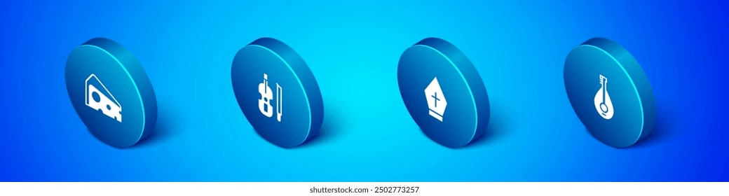 Set Isometric Cheese, Pope hat, Mandolin and Violin icon. Vector