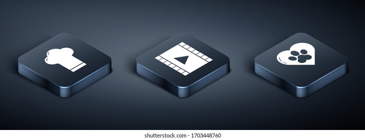 Set Isometric Chef hat, Heart with animals footprint and Play Video icon. Vector