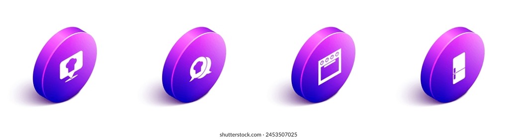 Set Isometric Chef hat with location, in speech bubble, Oven and Refrigerator icon. Vector