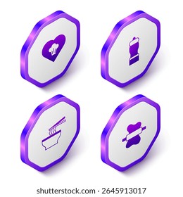 Set Isometric Chef hat, Pepper, Asian noodles in bowl and Rolling pin on dough icon. Purple hexagon button. Vector