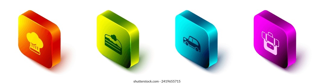Set Isometric Chef hat, Piece of cake, Car and Hiking backpack icon. Vector