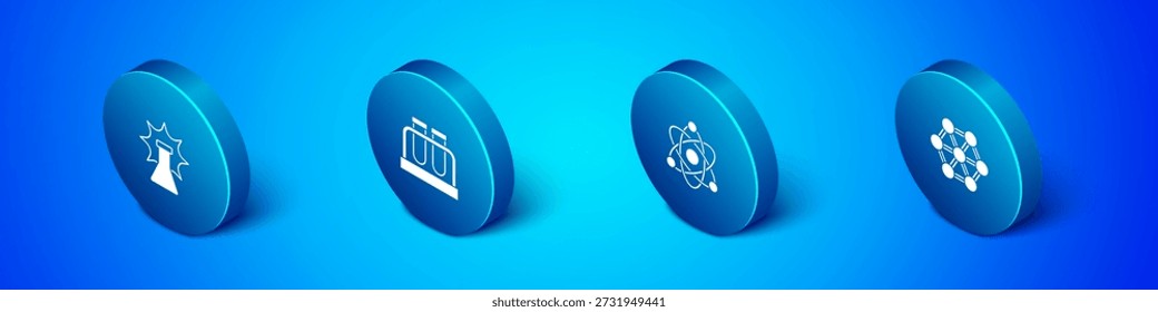 Set Isometric Chemical explosion, Atom, Molecule and Test tube and flask icon. Vector