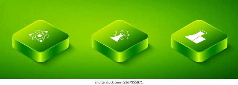 Set Isometric Chemical explosion, Test tube and flask and Atom icon. Vector