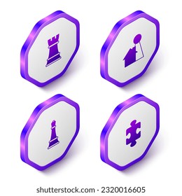 Set Isometric Chess, Chip for board game,  and Puzzle pieces toy icon. Purple hexagon button. Vector