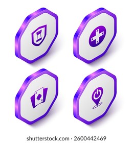 Set Isometric Chess shield, Game controller or joystick, Playing cards and Power button icon. Purple hexagon button. Vector