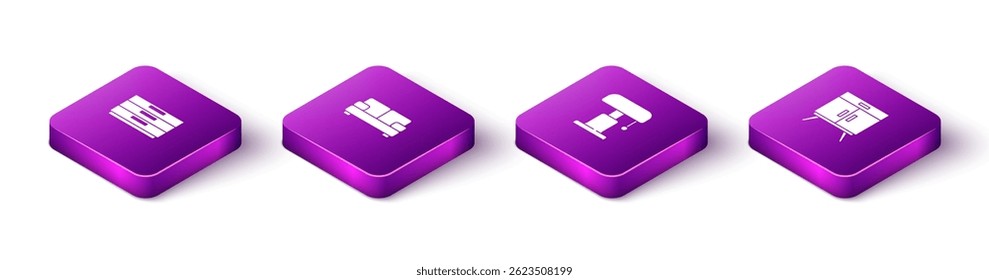 Set Isometric Chest of drawers, Sofa, Table lamp and  icon. Vector