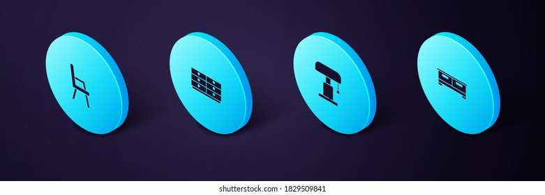 Set Isometric Chest of drawers, Table lamp, and Armchair icon. Vector.