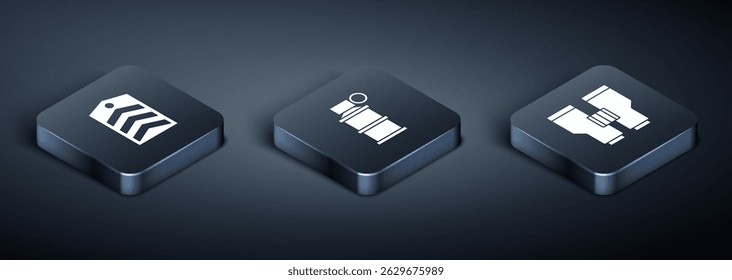 Set Isometric Chevron, Binoculars and Hand smoke grenade icon. Vector