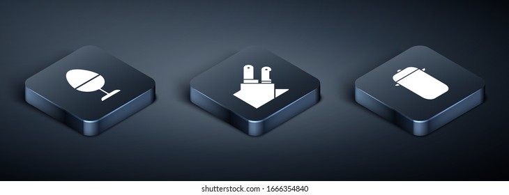 Set Isometric Chicken egg on a stand, Cooking pot and Knife icon. Vector