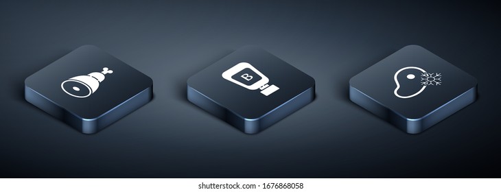 Set isometrisches Hühnerbein, frisch gefrorenes Steakfleisch und Sauce Flasche Symbol. Vektorillustration