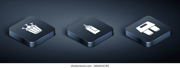 Set Isometric Chicken leg in package box, Coffee cup to go and Sauce bottle icon. Vector