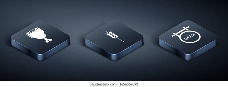Set Isometric Chicken leg, Street signboard with inscription Beer and Cereals set with rice, wheat, corn, oats, rye, barley icon. Vector