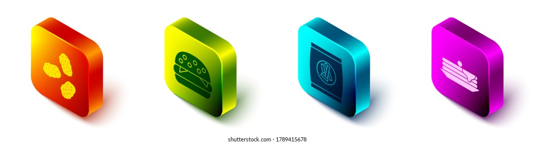 Set Isometric Chicken nuggets, Burger, Hard bread chucks crackers y el ícono de Stack of Pancakes. Vector