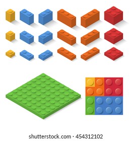 Set of isometric child constructor bricks. vector toy blocks collection. isolated colorful construct elements. build puzzle parts, flat design. 