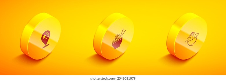 Set Isometric China flag, Asian noodles bowl and Chinese conical straw hat icon. Vector