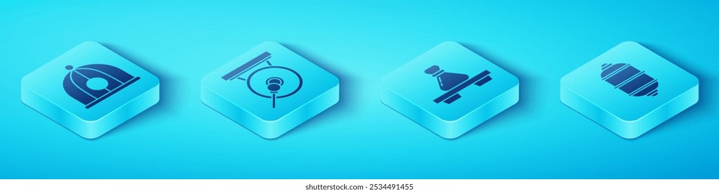 Set Isometric Chinese hat, Gong, Chinese paper lantern and Dumpling on cutting board icon. Vector