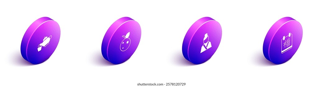 Set Isometric Chinese tea ceremony, Peach fruit or nectarine, Asian woman and New Year icon. Vector