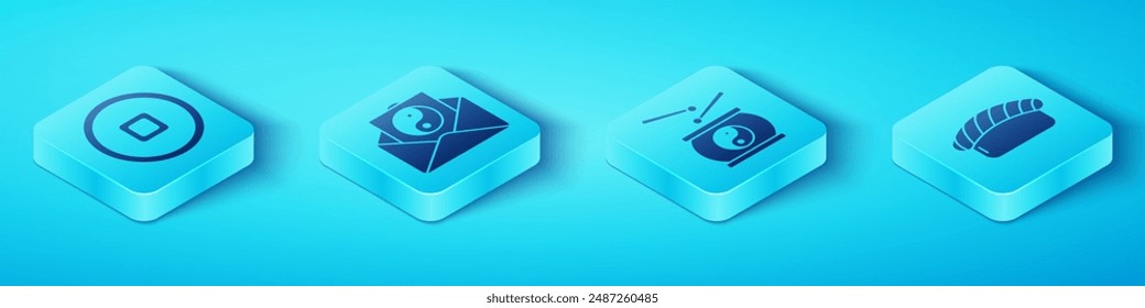 Set Isometric Chinese Yuan currency, Yin Yang and envelope, Sushi and Chinese drum icon. Vector