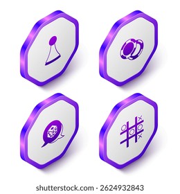 Set Isometric Chip for board game, Casino chips, Game dice and Tic tac toe icon. Purple hexagon button. Vector