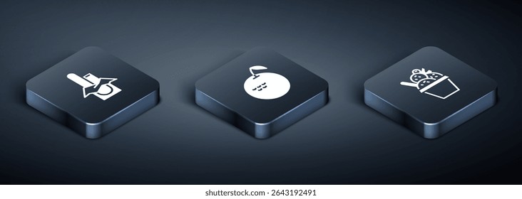 Set Isometric Chocolate bar, Ice cream in bowl and Apple icon. Vector