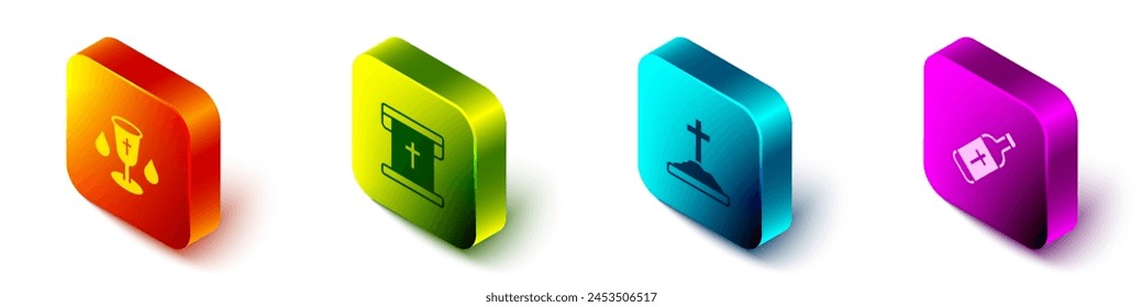 Conjunto Cáliz cristiano isométrico, Bandera con cruz cristiana, Tumba e icono de botella de agua Santa. Vector