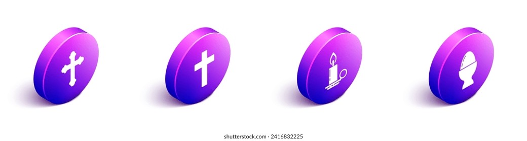 Set Isometric Christian cross, Christian cross, Burning candle in candlestick and Easter egg on a stand icon. Vector