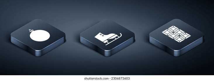Set Isometric Christmas ball, Chocolate bar and Figure skates icon. Vector