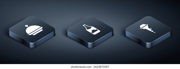 Set Isometric Christmas covered with tray, Microphone and Champagne bottle icon. Vector