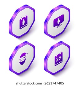 Set Isometric Christmas day calendar, tree, Santa Claus hat and beard and  icon. Purple hexagon button. Vector
