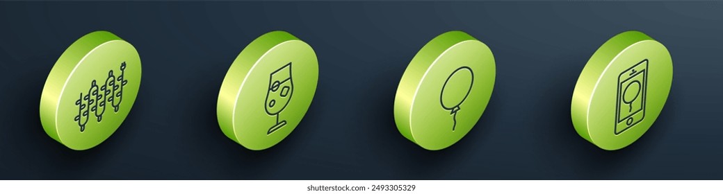 Set Isometric Christmas lights, Cocktail and alcohol drink, Balloon with ribbon and Mobile with birthday message icon. Vector