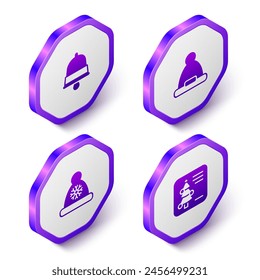 Establecer Navidades isométricas timbre, sombrero de Santa Claus e icono de postal. Botón hexagonal púrpura. Vector