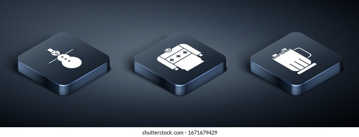 Set Isometric Christmas snowman, Hot chocolate cup with marshmallows and Christmas sweater icon. Vector