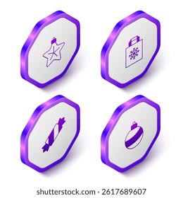 Set Isometric Christmas star, shopping bag, Candy and ball icon. Purple hexagon button. Vector